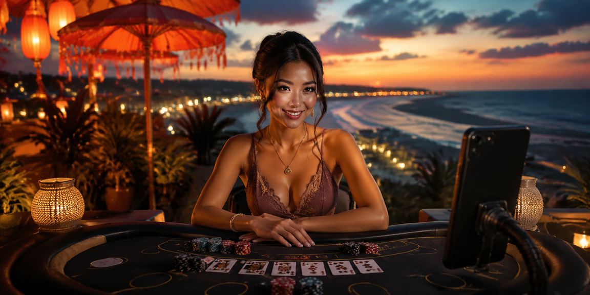 Wisatawan bermain baccarat di tepi pantai dengan koneksi aman yang terlindungi enkripsi